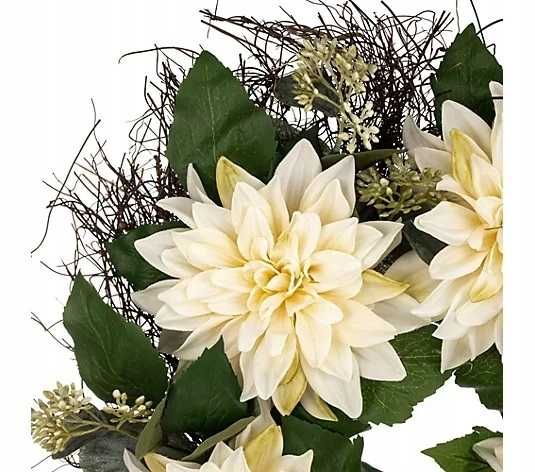 Wieniec wianek sztuczne białe kwiaty Dalie 56 cm dekoracja ozdoba
