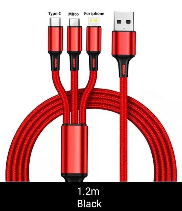 Кабель, шнур для зарядки 3 в 1, 2.4А, (1.2м), Type-C, Micro-USB, iPhon