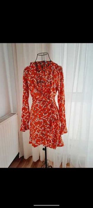 Pomarańczowa kopertowa sukienka XS z długim rękawem wiskoza