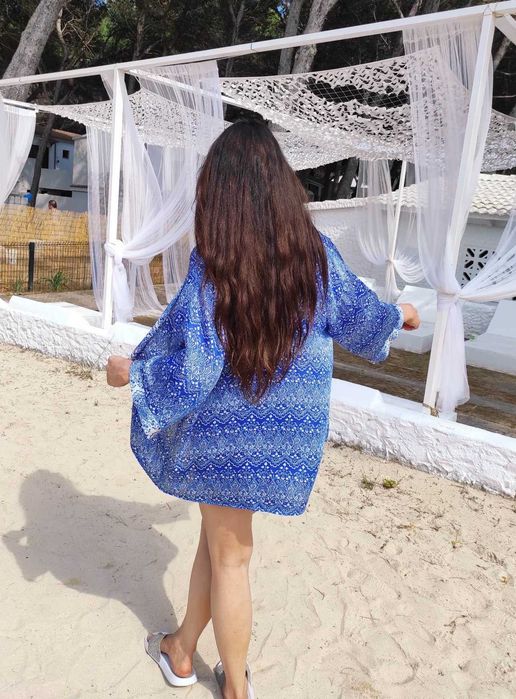 Niebieska narzutka plażowa xs s m l boho wzorki etno błękit niebieski