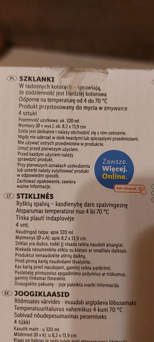 Szklanki kolorowe 320 ml