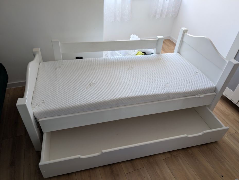 Łóżko dziecięce białe 185x90 z materacem i szufladą