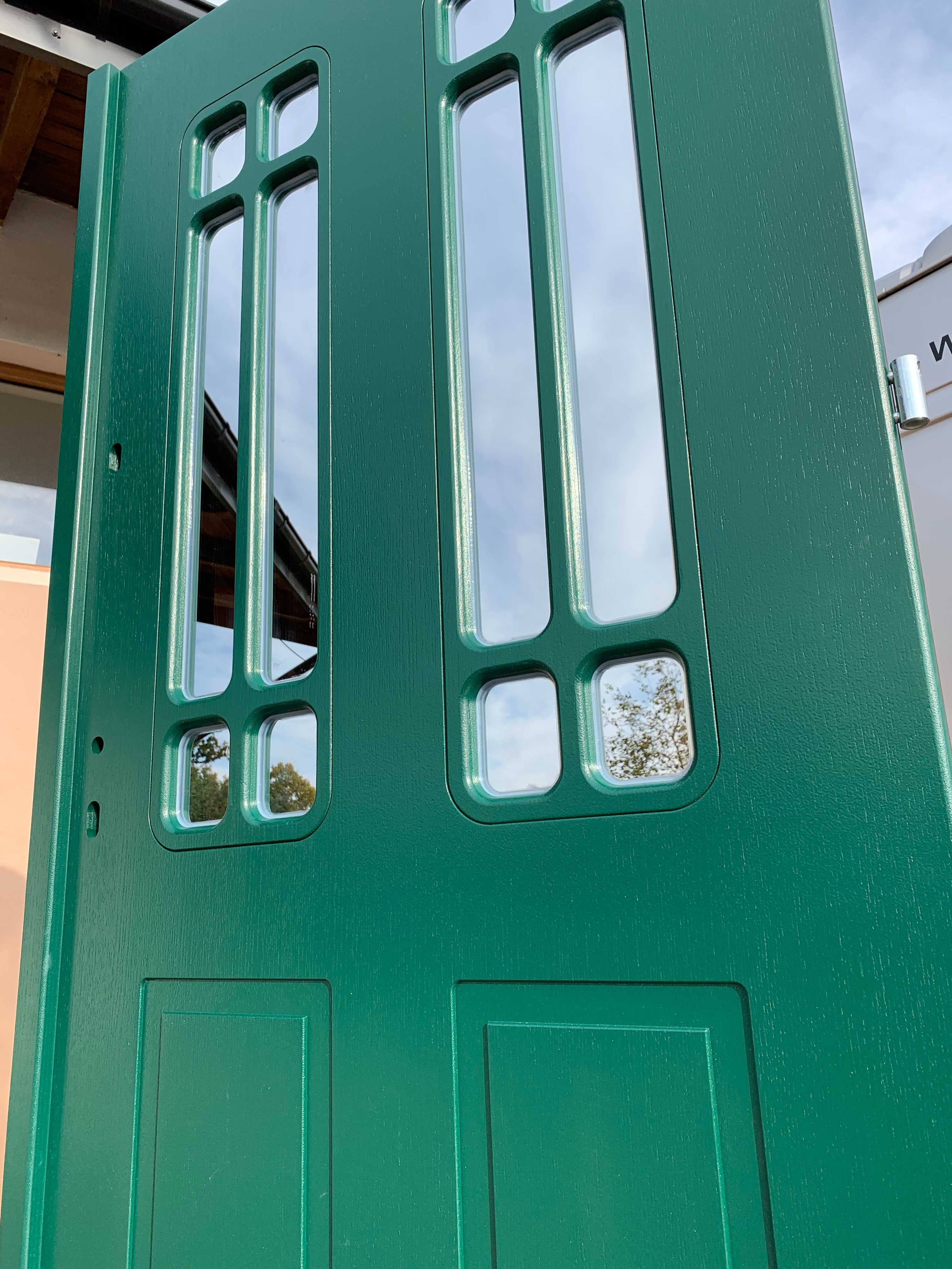 Drzwi zewnętrzne grube 7,5 cm DWUSKRZYDŁOWE zielone szprosy Angielskie