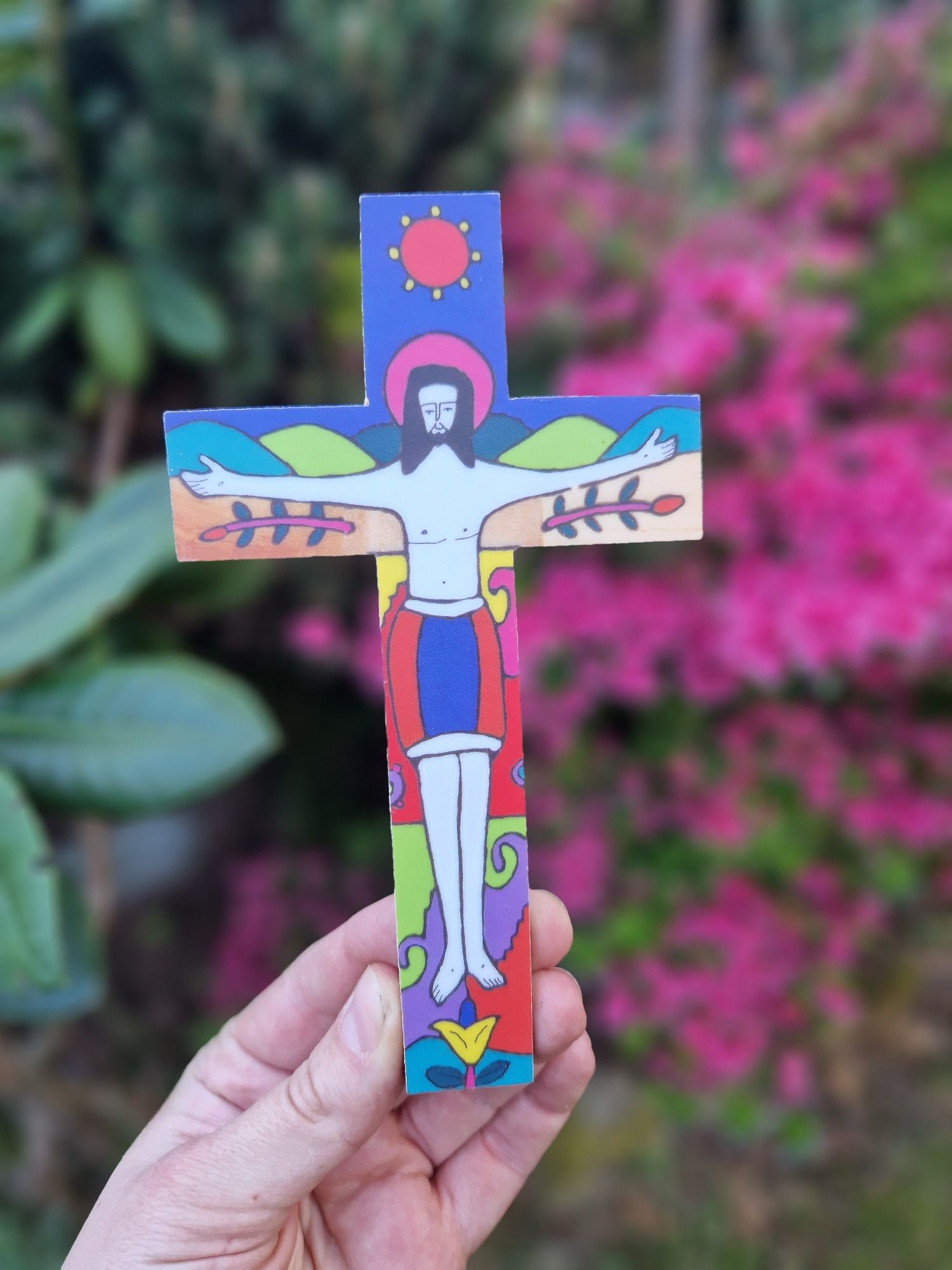 Krzyż na ścianę nowy krucyfiks drewniany prezent na Komunię chrzciny