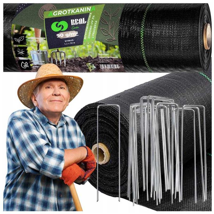 AGROWŁÓKNINA 90G 1,1x50m czarna agrotkanina + kotwy