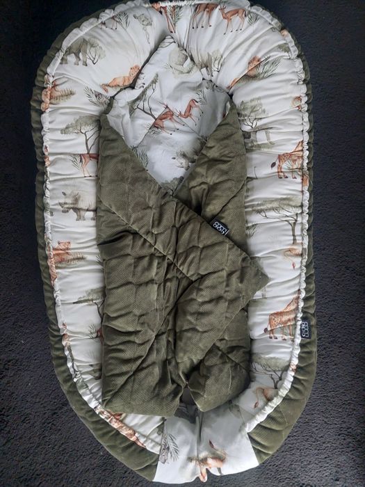 Rożek niemowlęcy i kokon dla noworodka,  zielony khaki, zwierzątka saf