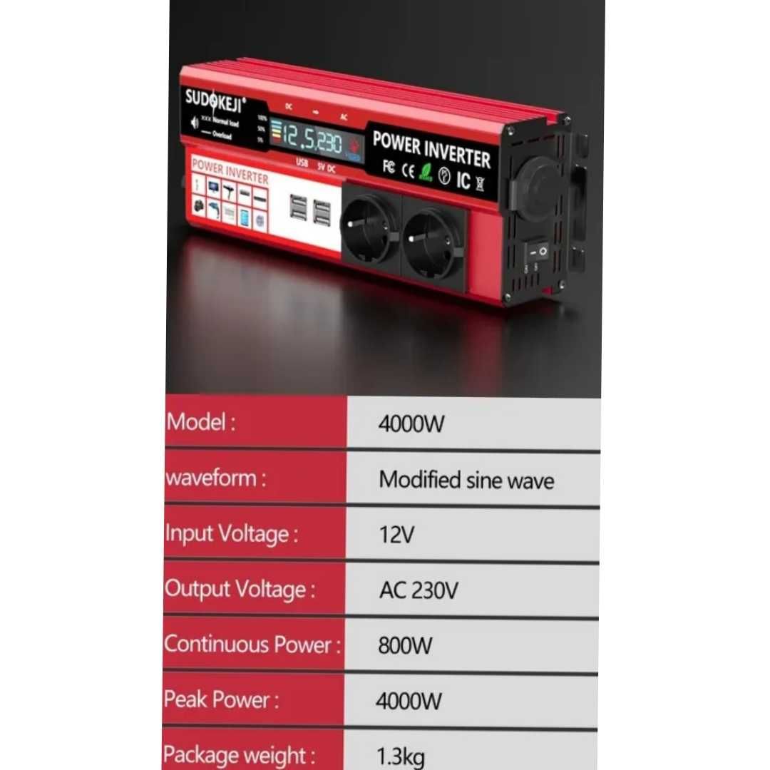 Інвертор, перетворювач напруги Sudokeji Power Inverter 4000W/800 Вт.