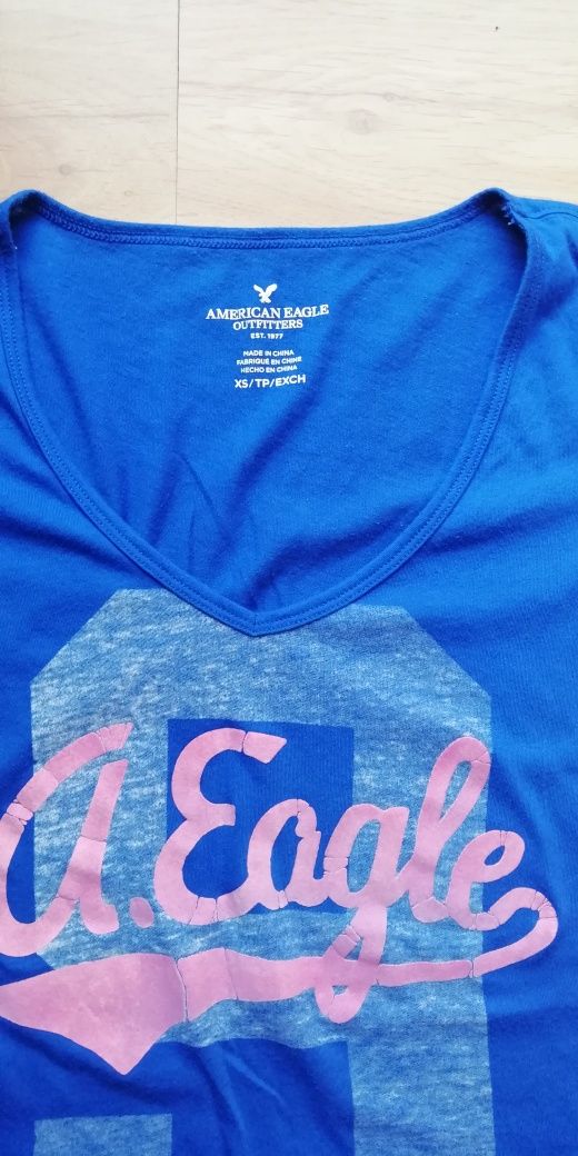 Koszulka American eagle niebieska XS z różowym napisem t-shirt