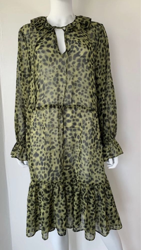 H&M 38 M szyfonowa leopard print midi boho panterka falbanki mgiełka