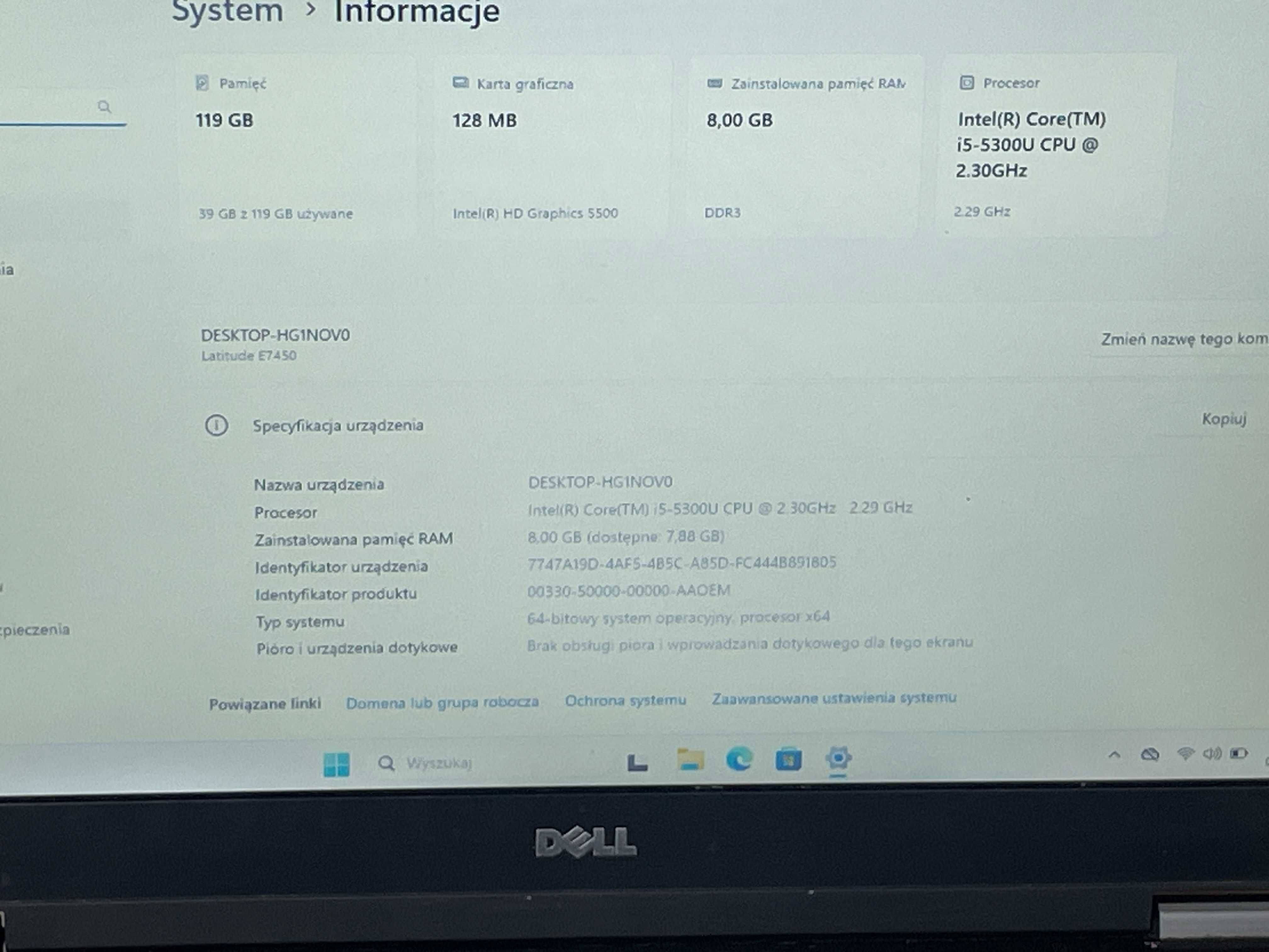 Laptop Dell E7450 i5 8GB SSD 14" Win 11