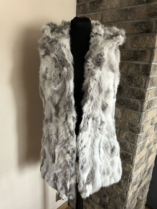 Biała szara gruba ciepła kamizelka futro z królika futro naturalne L
