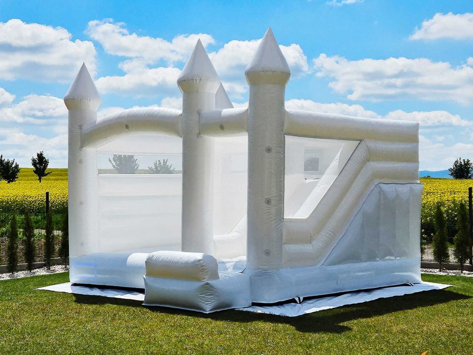 Duży biały dmuchany zamek ze zjeżdżalnią | Dmuchańce do wynajęcia