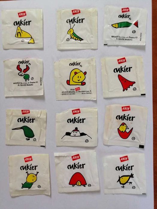 Opakowania po cukrze marki Anin. Bardzo duża kolekcja z rysunkami.