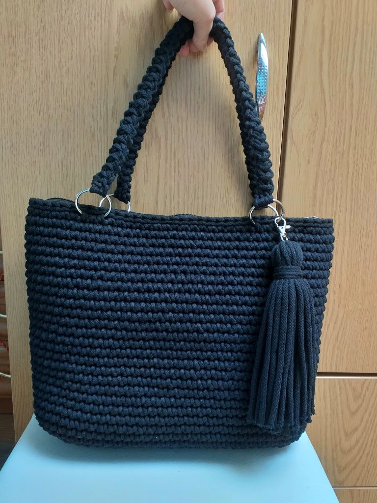 Duża torebka handmade ze sznurka bawełnianego z podszewką