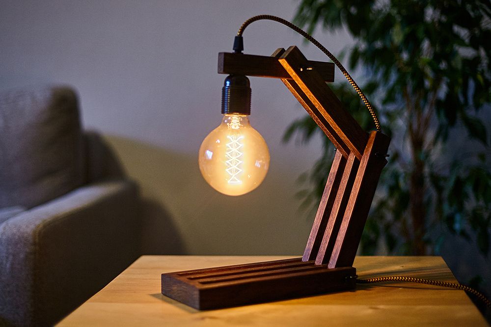 Lampka nocna Edison dąb drewno LOFT modern industrial HANDMADE