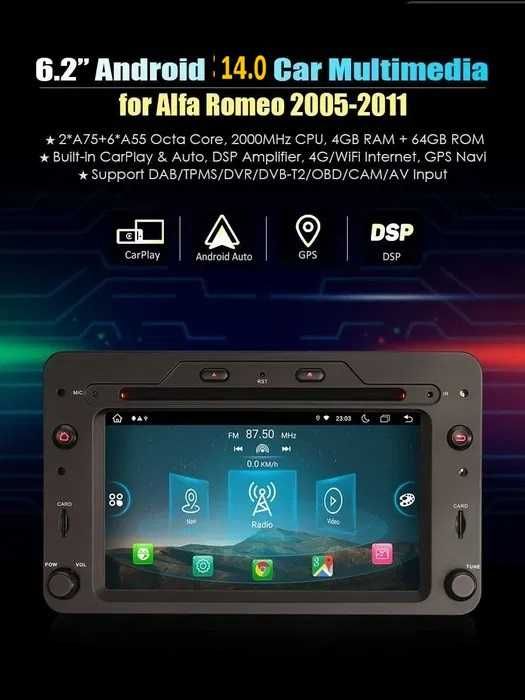 Auto-rádio 2 din Android 14 Alfa Romeo/Toyota/Skoda/Passat