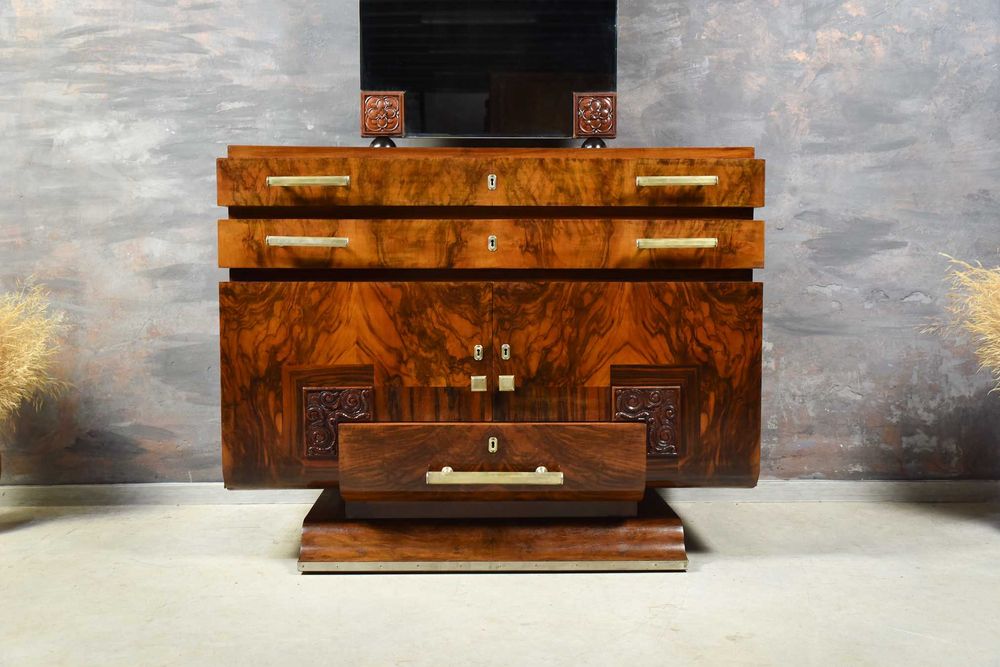 KOMODA ART DECO- lite drewno orzechowe, po renowacji, Oryginalny Antyk