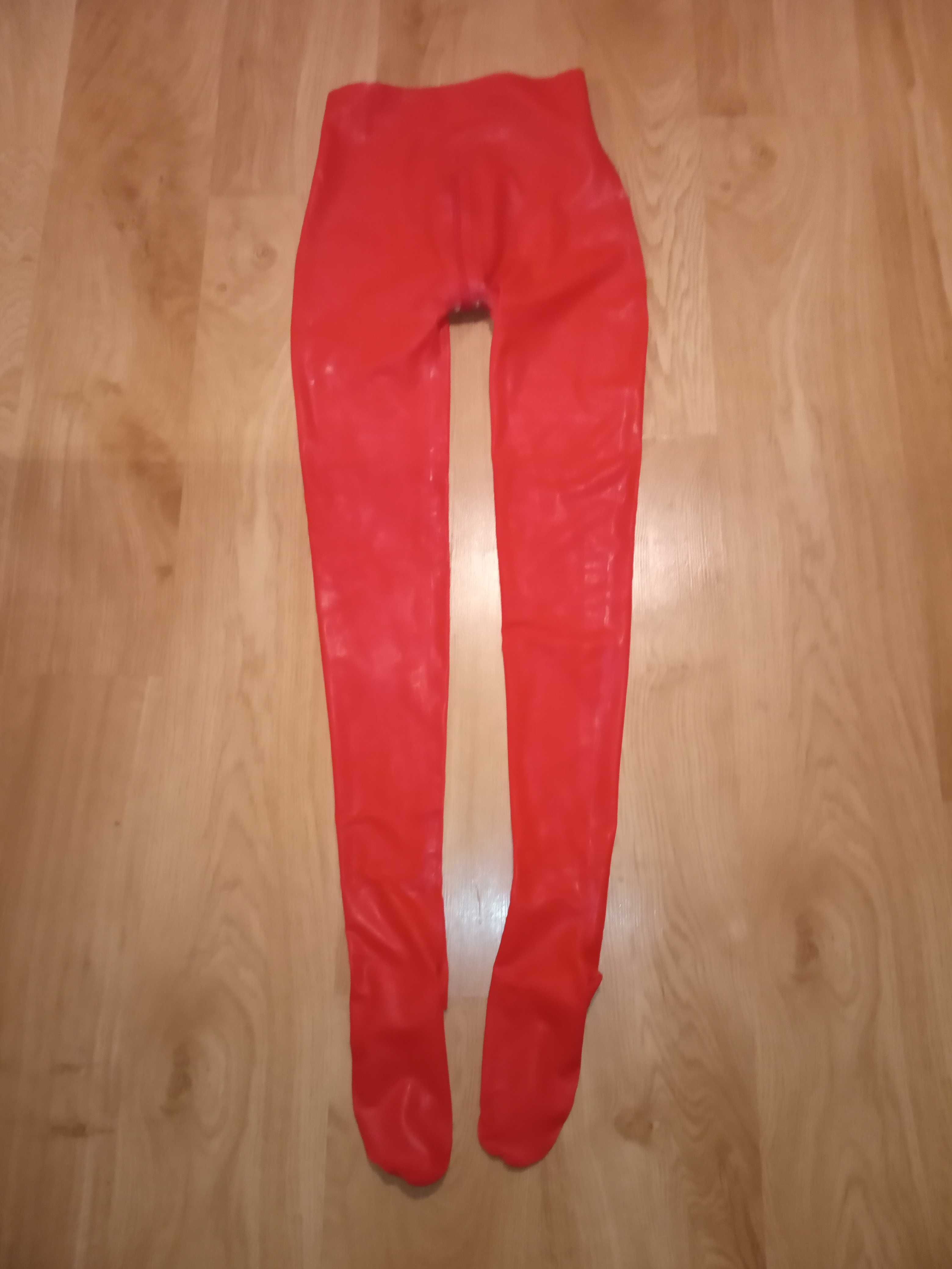 979/ Czerwone legginsy spodnie ze stopami latex lateks 0,4 rozmiar M