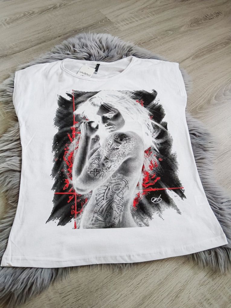 Biały bawełniay t-shirt damski z nadrukiem L