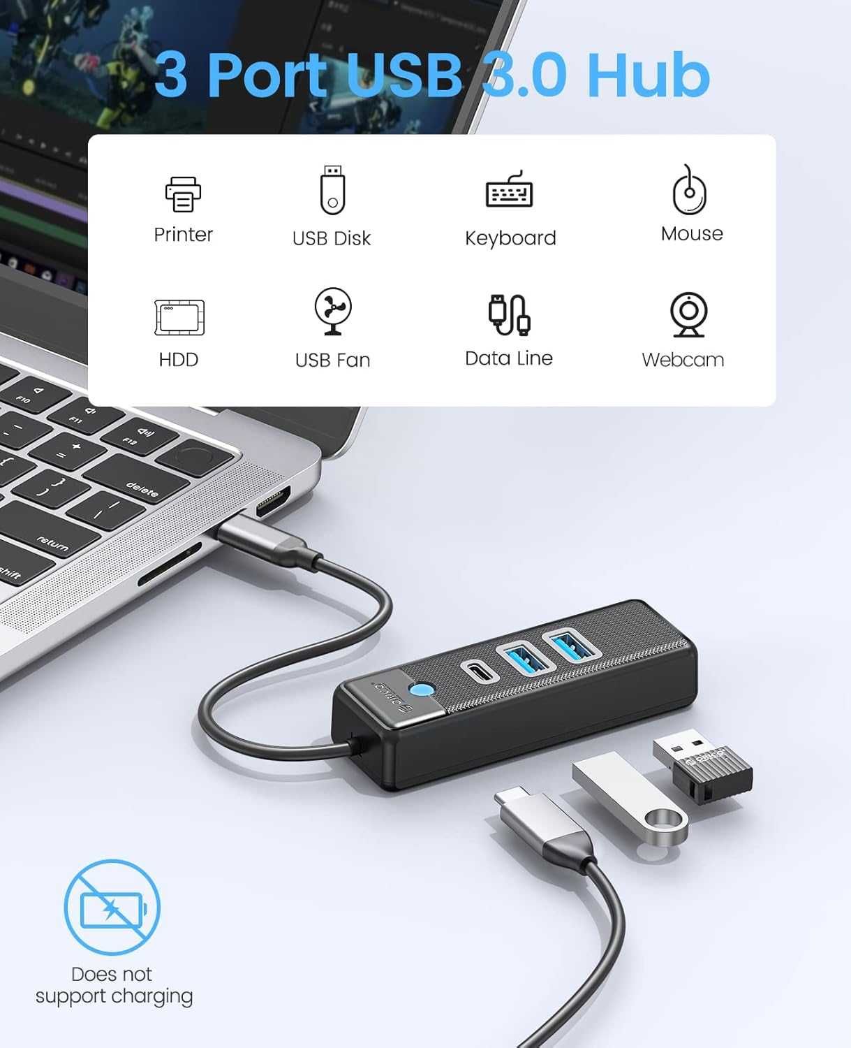 Rozdzielacz-3 porty,2 USB A i 1 typ C do laptopa,telefonu ORICO