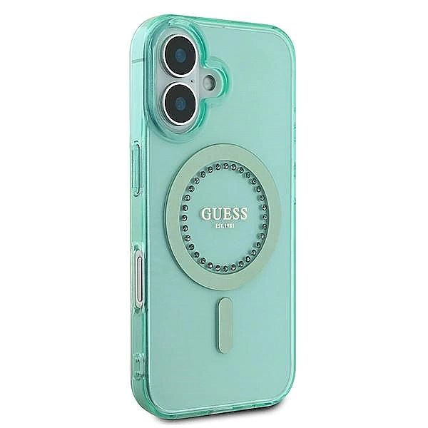 Etui Guess IML Rhinestones MagSafe na iPhone 16 - zielone