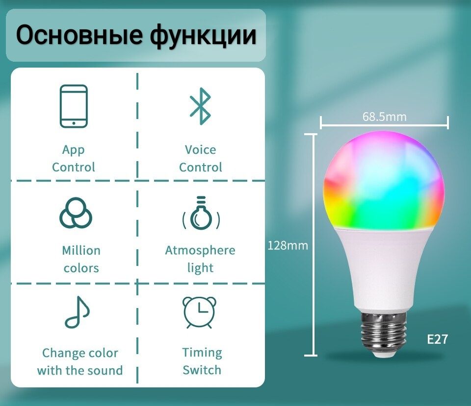 Умная светодиодная лампа RGB E27 с поддержкой Bluetooth, 10 Вт Tuya