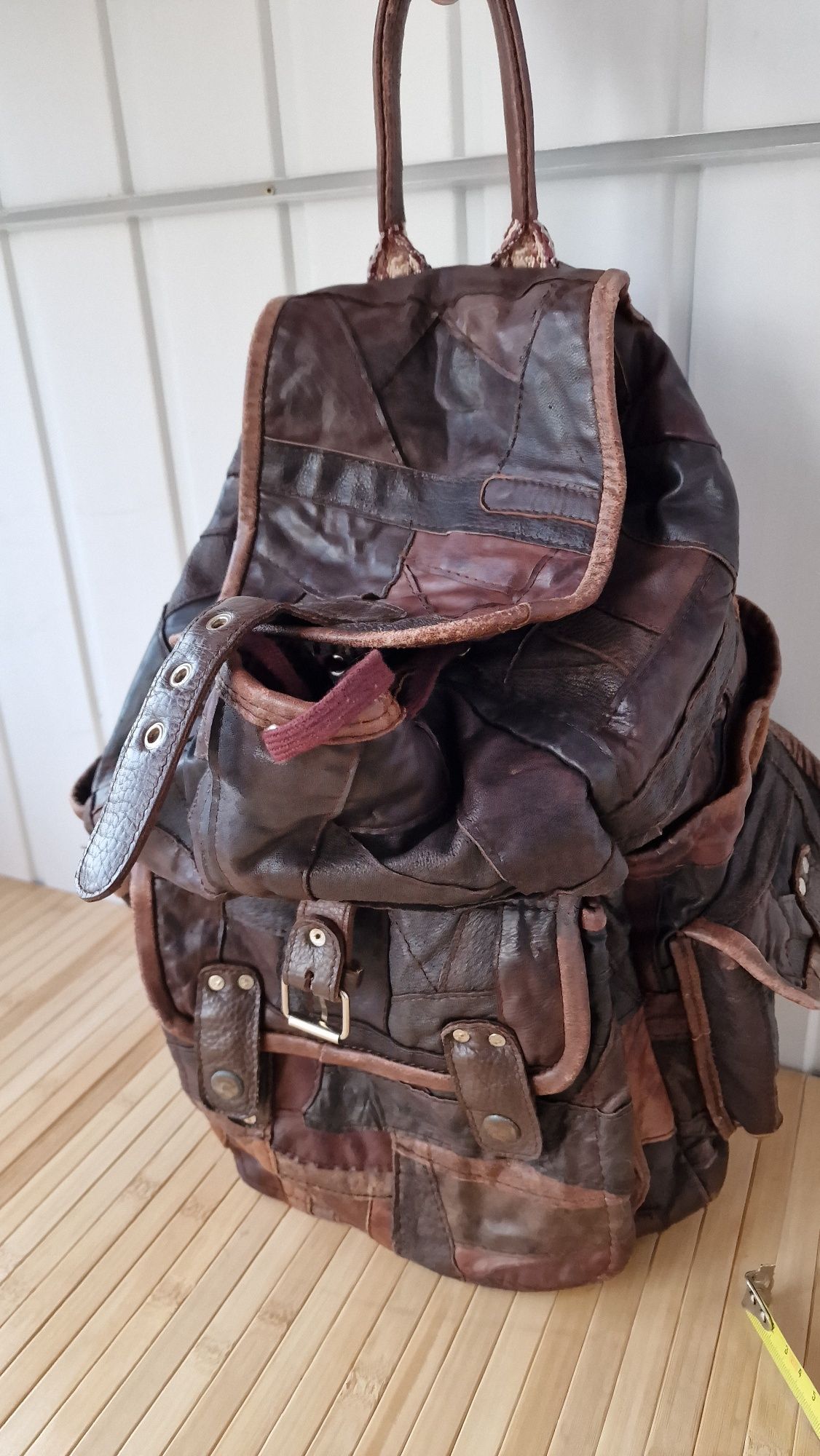 Кожаный рюкзак из натуральной кожи в стиле "Франкенштейн" латки