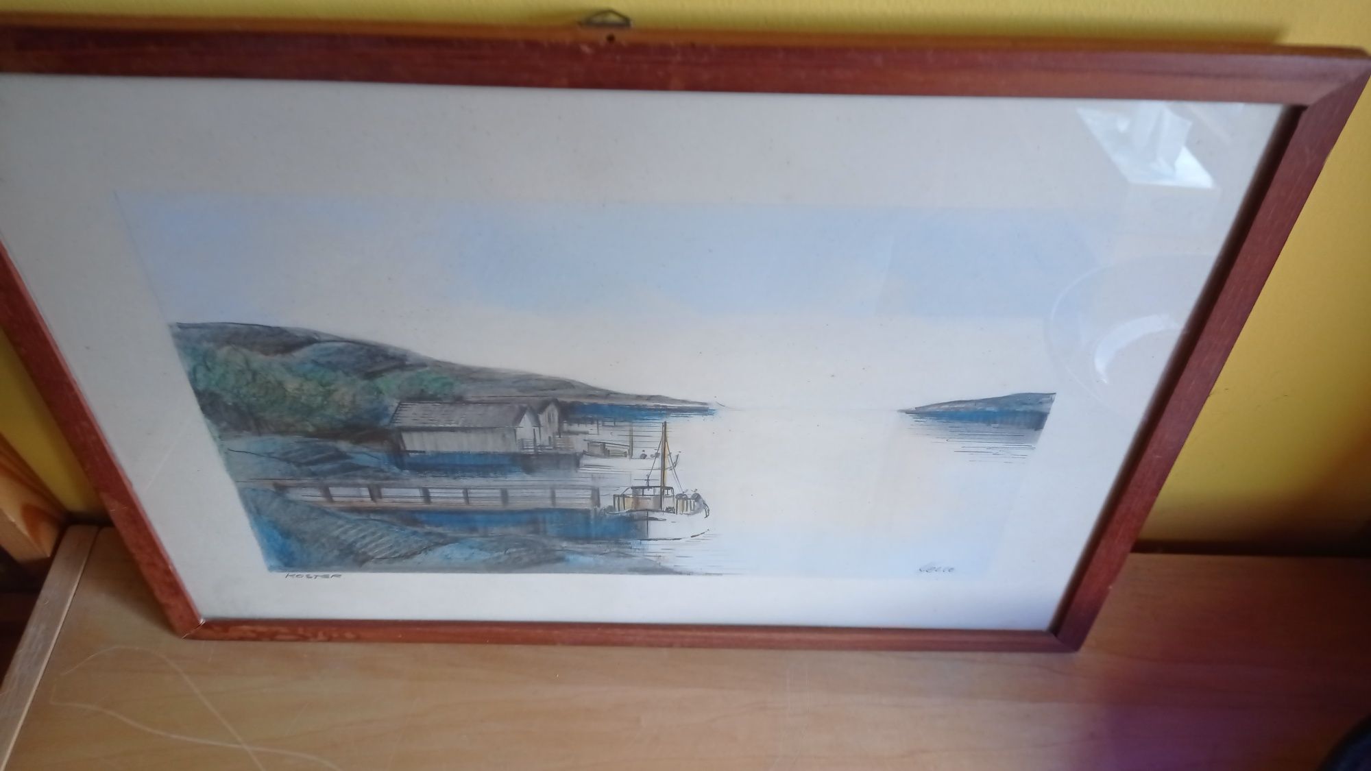 Obraz Grafika Gwasz Kredka Orginał port łódka morze sygnowany Norway