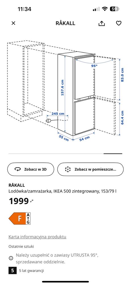 IKEA lodowka zamrazarka do zabudowy RAKALL 153/79 |