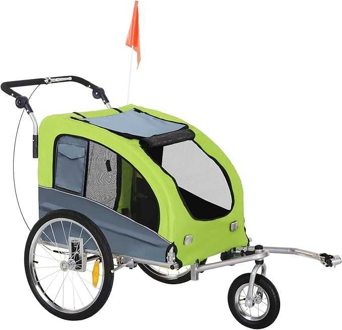 2 w 1 przyczepka rowerowa wózek dla psów jogger flaga, zielona