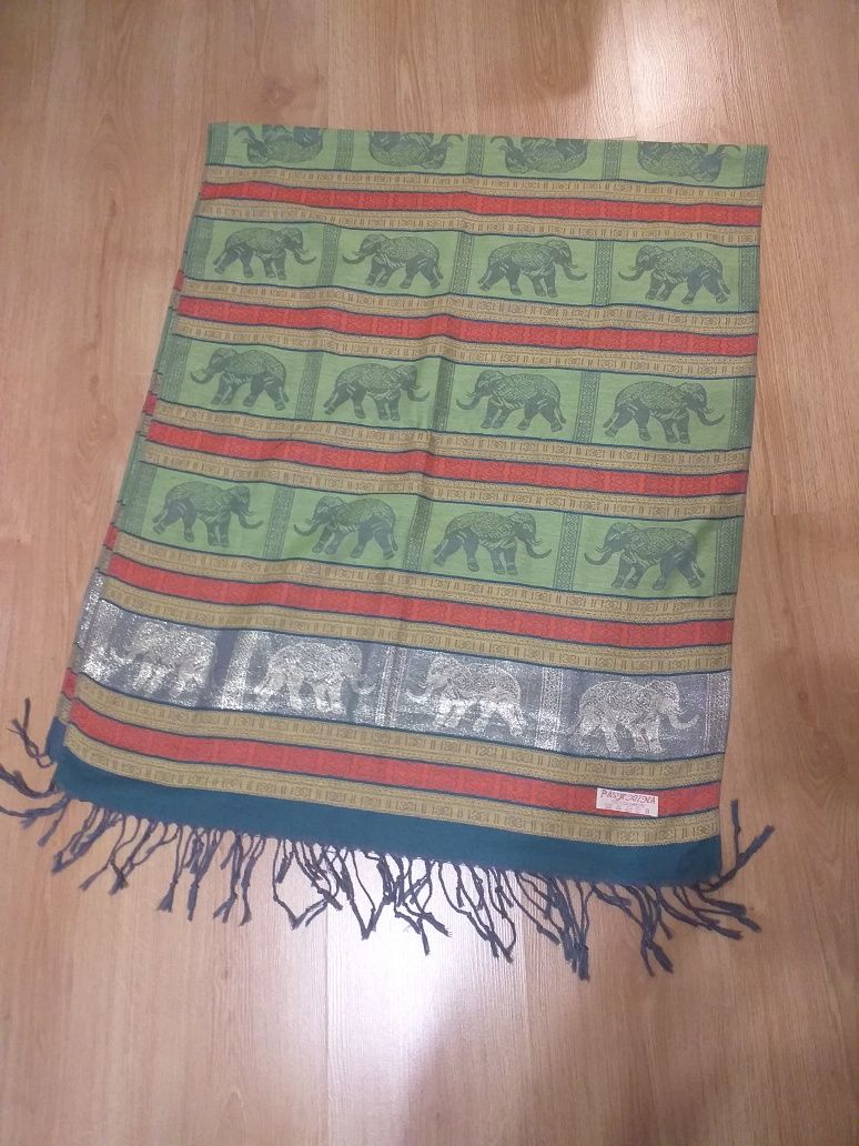 Szal Pashmina 100% kaszmir zielony słonie