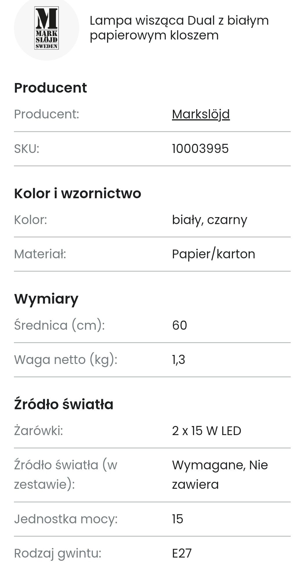 Sprzedam lampę wisząca Markslojd Dual z białym papiperowym kloszem