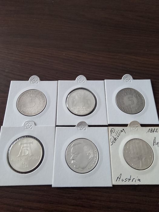 Monety srebrne 6 sztuk 5 marek i 10 szylingów