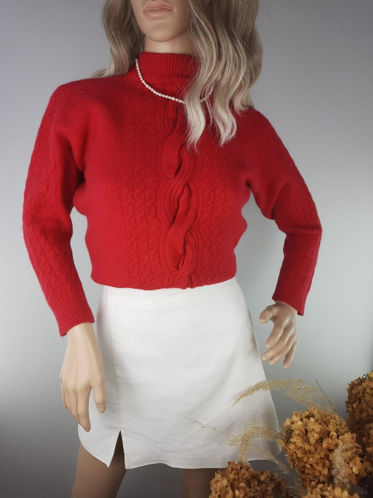 Wełniany sweter wełna angora splot warkocz ciepły gruby sweterek golf