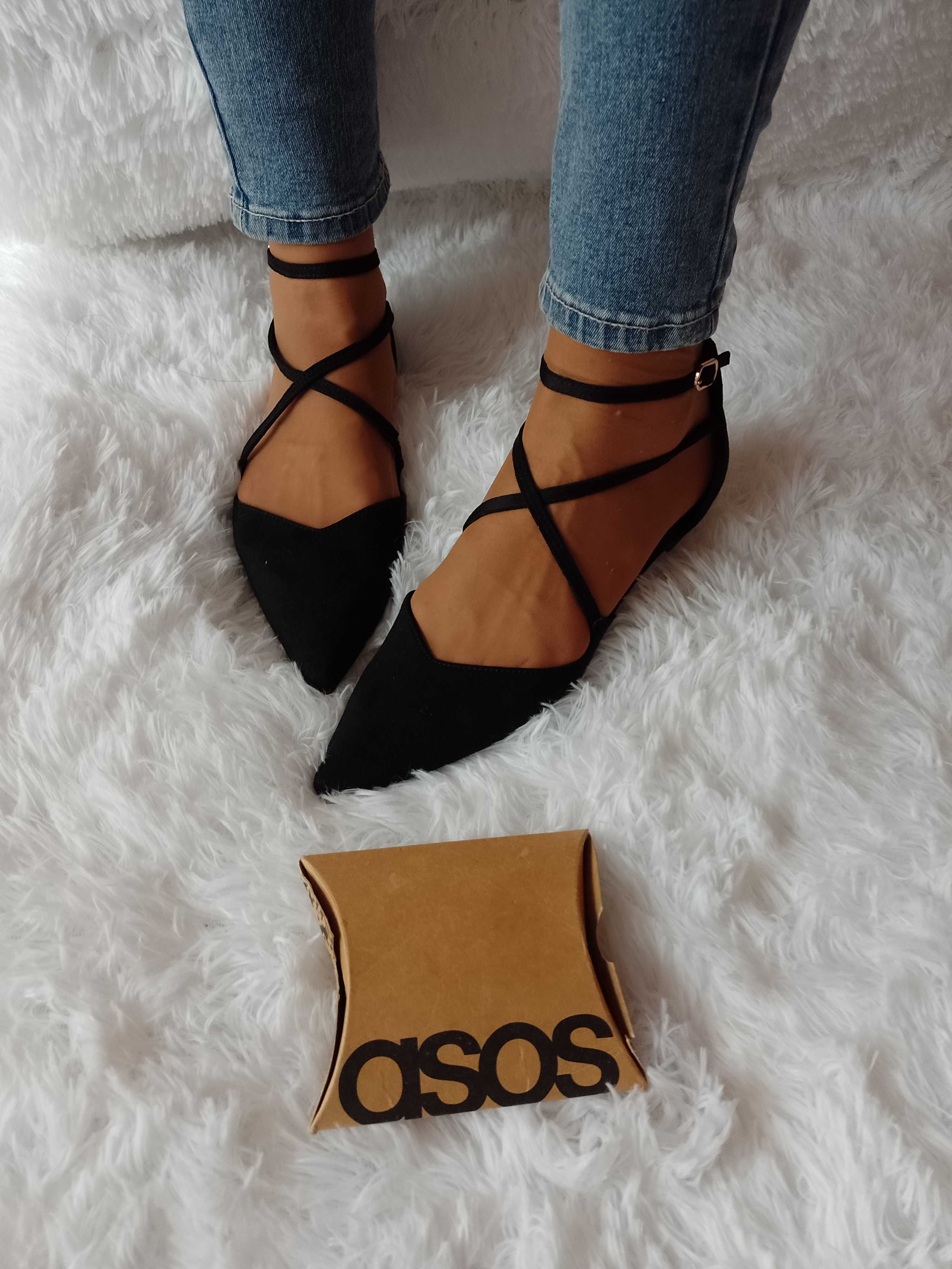 (40) ASOS) czarne, zmysłowe baleriny z zapięciem z Londynu, NOWE