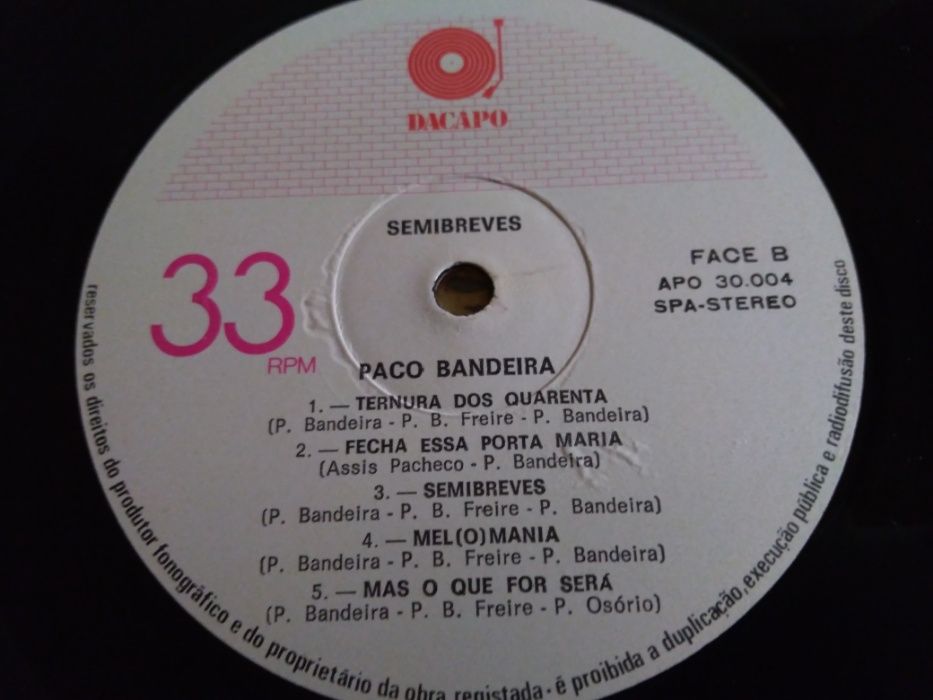 Paco Bandeira ‎– Semibreves – vinil com Capa de Manuel Cargaleiro.