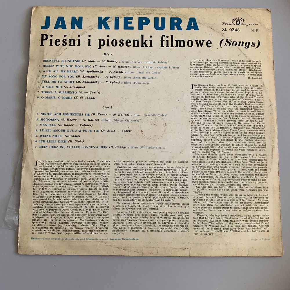 Jan Kiepura Songs Pieśni i Piosenki filmowe LP plyta winylowa winyl