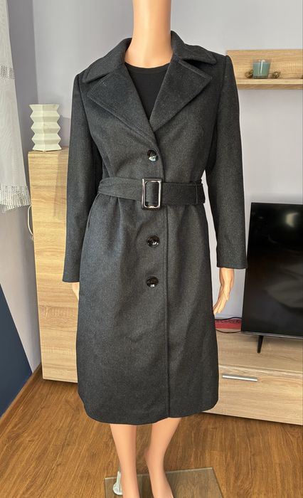 Grafitowy płaszcz z paskiem wełna, kaszmir  S/M