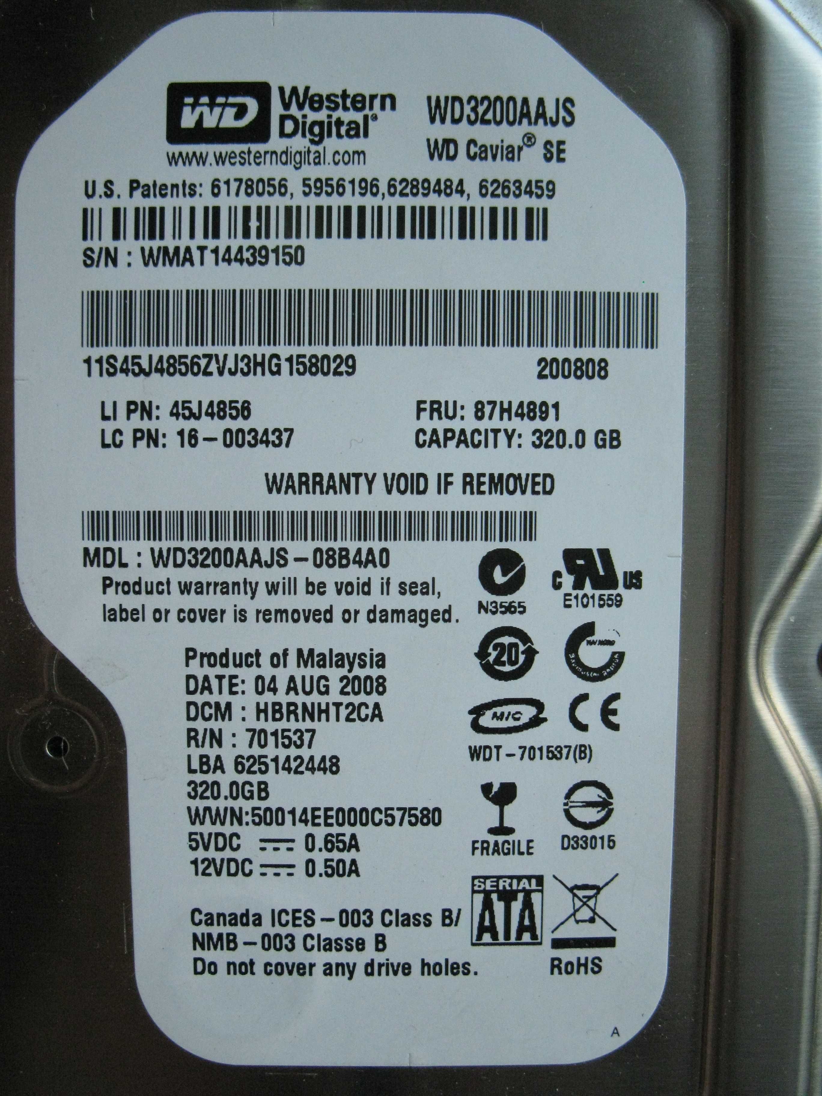 Жесткий диск Western Digital 320GB модель WD3200AAJS