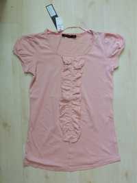 różowa bluzka żabot M bawełna elastyczna krótki rękaw bufki guziki