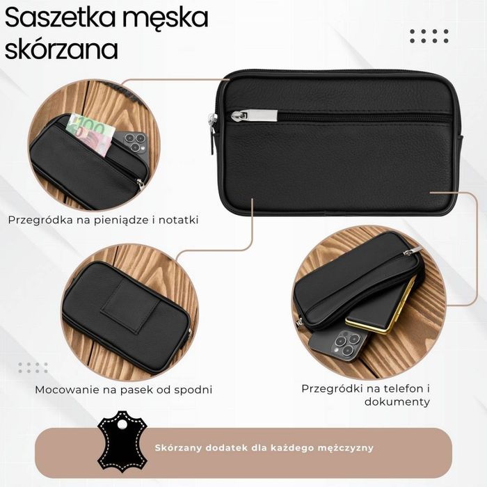 Męska skórzana saszetka na pasek do ręki czarna ABR-53