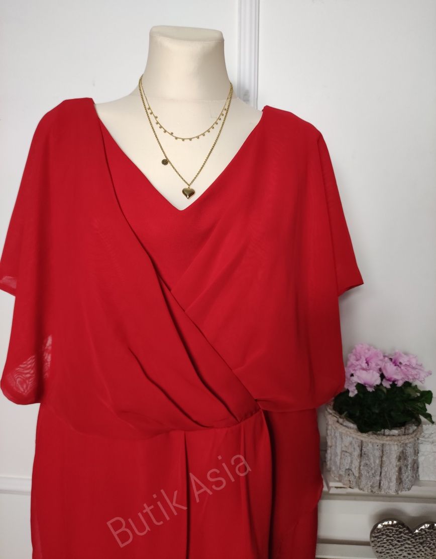 Sukienka czerwona plus size 50 elegancka ołówkowa narzutka damska