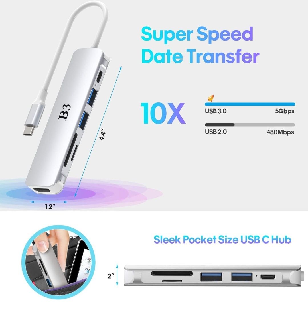 B3 adapter HUB USB-C 6W1  USB 3.0 4K SD TF