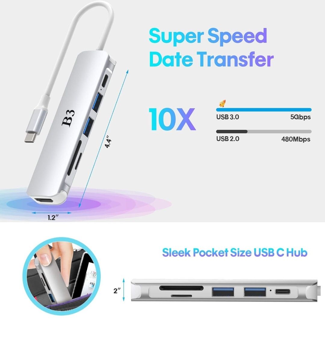 B3 adapter HUB USB-C 6W1  USB 3.0 4K SD TF