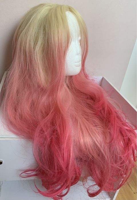 Peruka lace front wig blond platynowa długa różowe ombre kręcona