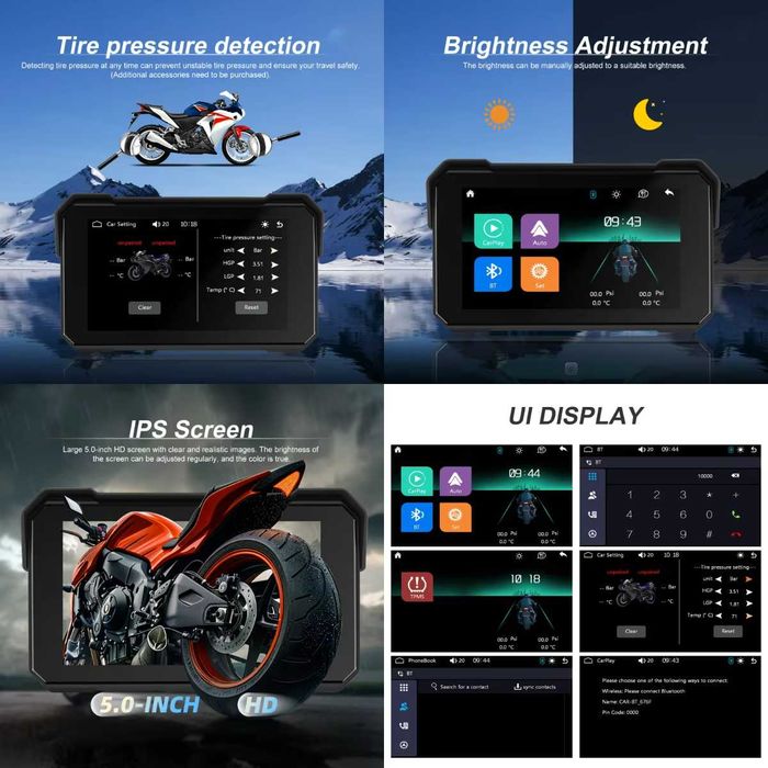 Monitor Carplay GPS 5" para Mota | Android Auto Sem Fios | IP68 NOVO