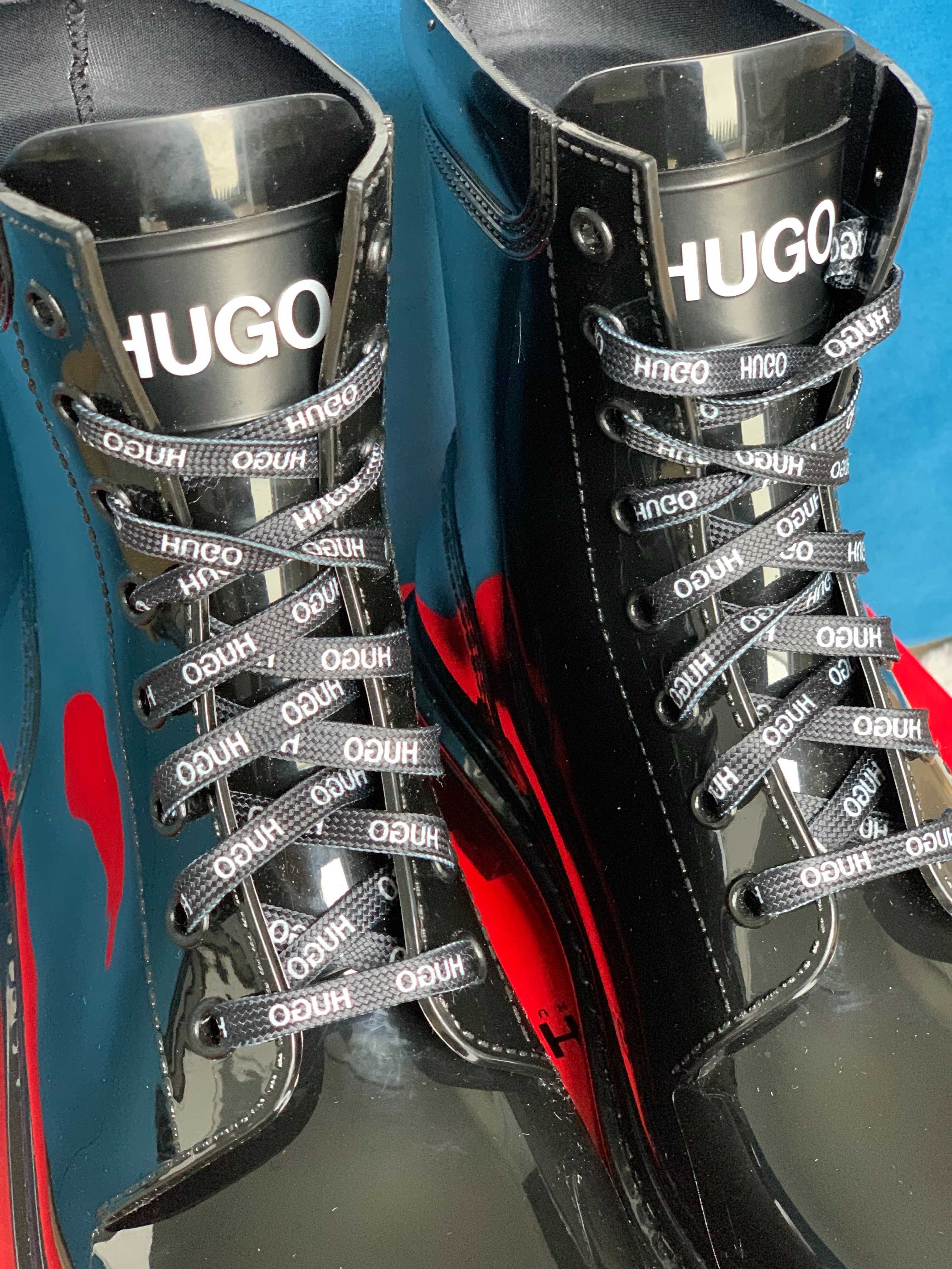 Czarne lakierowane botki kalosze Hugo Boss Gamma Lace Up 27 cm