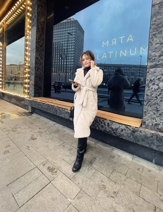 Шуба бежева шубка хакі S M пальто плюшеве екошуба искусственная L XL