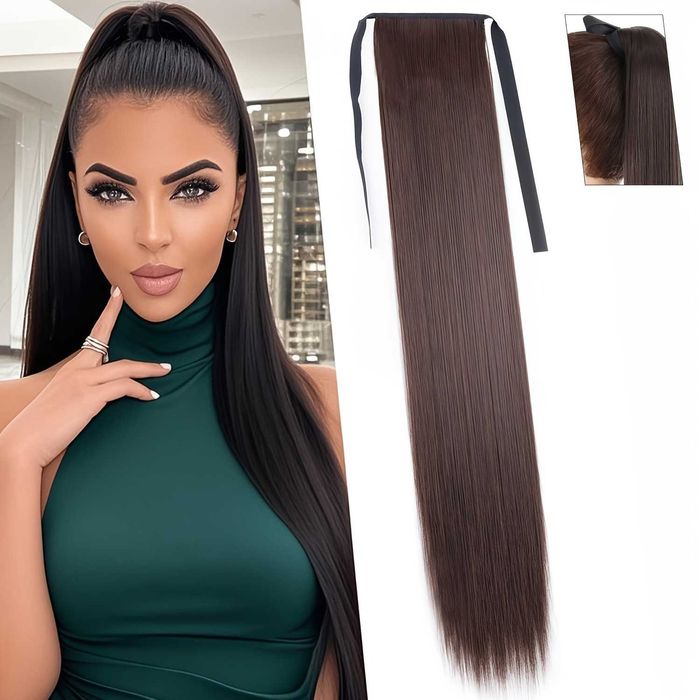 Шиньон накладной прицепной хвост прямой на ленте черный коричневый