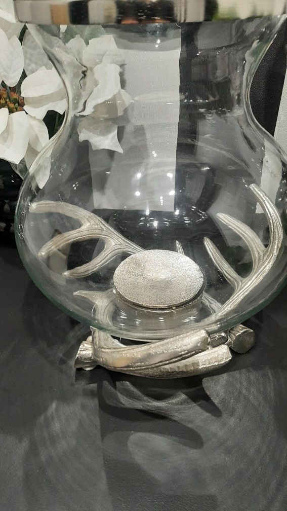 Swiecznik lampion XL poroże renifera szklo plus metal